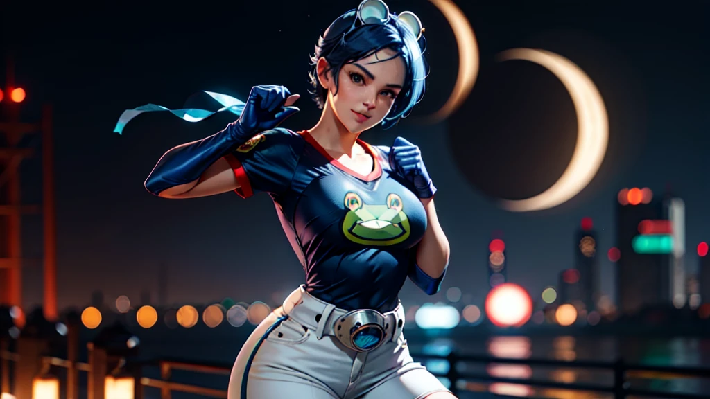 (at night), in a video game scene, a background of a beautiful city during the day raining, standing at attention, semi-short blue hair, blouse with an anime frog face, white flared pants, wearing blue fingerless exercise gloves, has round goggles on her head, huge belt with a round eyeglass, ((blue hair)), 1 girl, alone, 20 years old, young woman, perfect hands, beautiful fingers, beautiful long legs, beautiful body, beautiful nose, beautiful design of characters, perfect face, looking at the viewer with serious gesture (focusing on his face), closed mouth, Light_Smile, official art, extremely detailed CG unity 8k wallpaper, perfect lighting, bright and colorful front lighting, glowing skin (masterpiece : 1.0), (best_quality: 1.0), ultra high resolution, 4K, ultra detailed photography, 8K, HDR, high resolution, nonsense:1.2, Kodak portra 400, film grain, background blur, bokeh:1.2, lens flare, (vibrant_color:1.2), professional photography, (beautiful_face: 1.5), (narrow waist),
