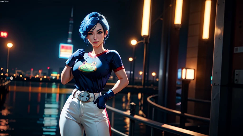 (at night), in a video game scene, a background of a beautiful city during the day raining, standing at attention, semi-short blue hair, blouse with an anime frog face, white flared pants, wearing blue fingerless exercise gloves, has round goggles on her head, huge belt with a round eyeglass, ((blue hair)), 1 girl, alone, 20 years old, young woman, perfect hands, beautiful fingers, beautiful long legs, beautiful body, beautiful nose, beautiful design of characters, perfect face, looking at the viewer with serious gesture (focusing on his face), closed mouth, Light_Smile, official art, extremely detailed CG unity 8k wallpaper, perfect lighting, bright and colorful front lighting, glowing skin (masterpiece : 1.0), (best_quality: 1.0), ultra high resolution, 4K, ultra detailed photography, 8K, HDR, high resolution, nonsense:1.2, Kodak portra 400, film grain, background blur, bokeh:1.2, lens flare, (vibrant_color:1.2), professional photography, (beautiful_face: 1.5), (narrow waist),
