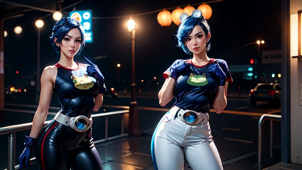 (at night), in a video game scene, a background of a beautiful city during the day raining, standing at attention, semi-short blue hair, blouse with an anime frog face, white flared pants, wearing blue fingerless exercise gloves, has round goggles on her head, huge belt with a round eyeglass, ((blue hair)), 1 girl, alone, 20 years old, young woman, perfect hands, beautiful fingers, beautiful long legs, beautiful body, beautiful nose, beautiful design of characters, perfect face, looking at the viewer with serious gesture (focusing on his face), closed mouth, Light_Smile, official art, extremely detailed CG unity 8k wallpaper, perfect lighting, bright and colorful front lighting, glowing skin (masterpiece : 1.0), (best_quality: 1.0), ultra high resolution, 4K, ultra detailed photography, 8K, HDR, high resolution, nonsense:1.2, Kodak portra 400, film grain, background blur, bokeh:1.2, lens flare, (vibrant_color:1.2), professional photography, (beautiful_face: 1.5), (narrow waist),
