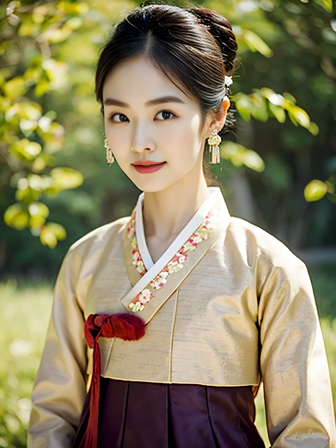  Young Korean Woman, 1 girl 30 yeas old,　(chignon,  fringe, brown hair,  Thin outer eyebrows, little smile), (earring),( middle breasts, slender whist, middle hip), (Wearing gorgeous hanbok, Empress costume, Li Dynasty Era ), in palace, on garden , sunset