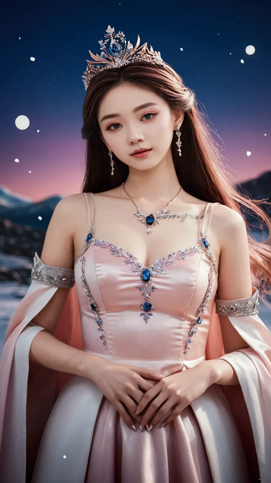 there was a woman in a pink dress，wearing a necklace,((a beautiful fantasy empress).inspired by sim sa-jeong，azure.detailed hair...