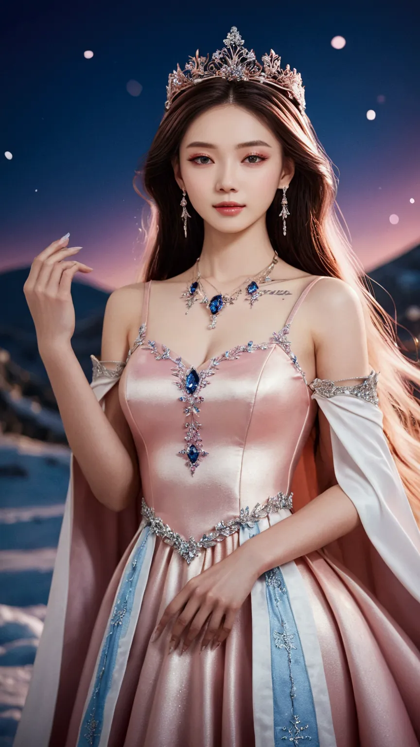 there was a woman in a pink dress，wearing a necklace,((a beautiful fantasy empress).inspired by sim sa-jeong，azure.detailed hair...