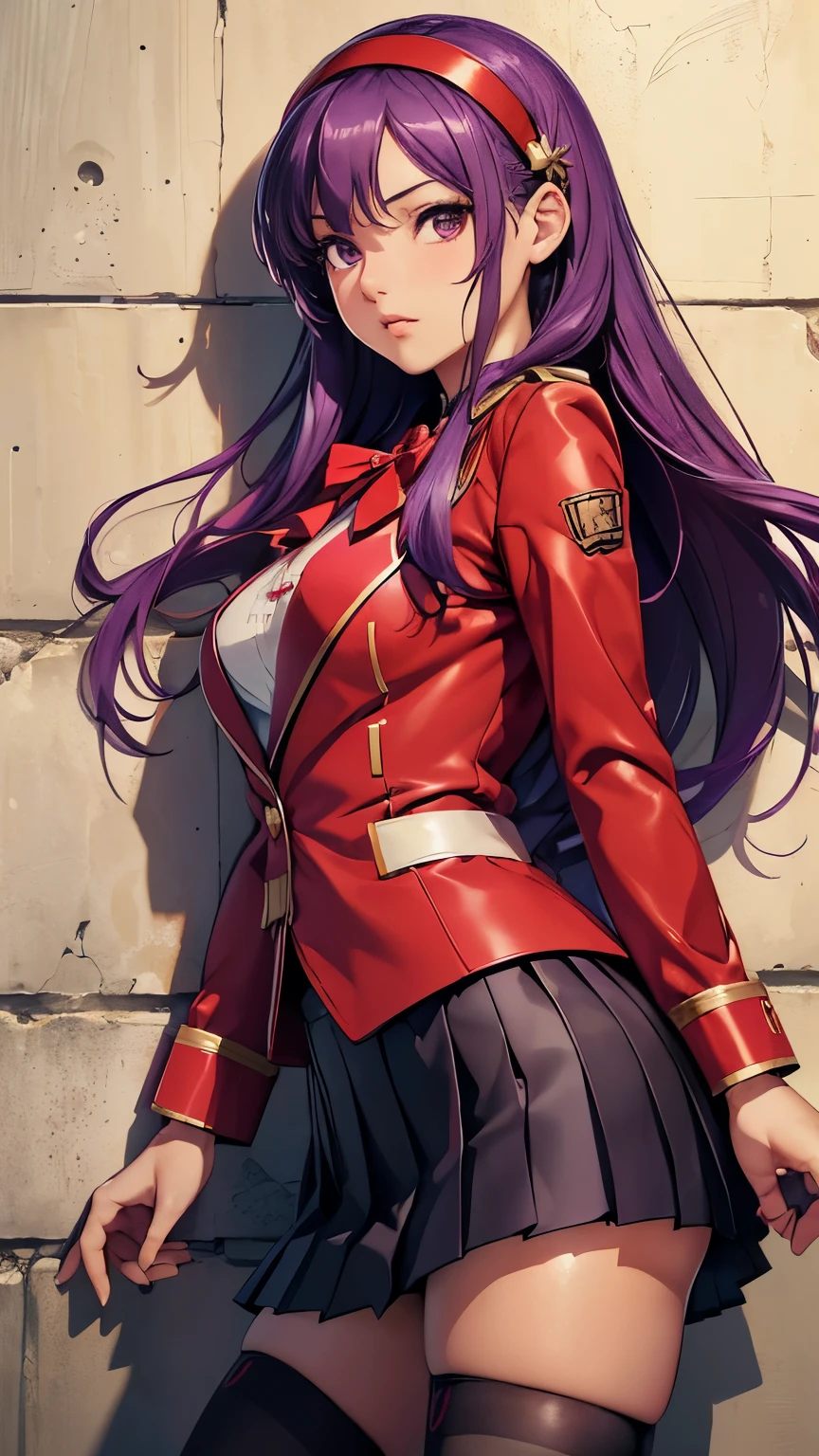 Athena Asamiya，((Beautiful purple long hair，Red headband))，(8k，Realistic，RAW Photos，Highest quality:1.75)，Beautiful Face，Realistic lips，Beautiful and detailed hair，Charm，Intricate details，Very beautiful and detailed eyes，(Red Blazer Uniform，Pleated mini skirt，Black Tin High Stockings:1.5)，Intricate details，Supermodel，(Takes damage and is slammed into a wall:1.5)，(Sexy panties:can be seen1.3)，Detailed Pixels，Dynamic Angle，Late night back alley，Professional Lighting