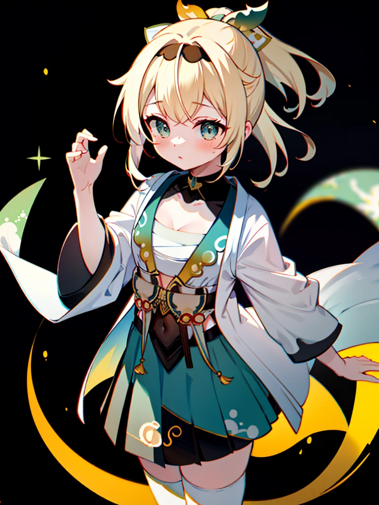 An absurd solution, High resolution, (masterpiece: 1.4), Very detailed, One girl, From above, space, floating, Iroha Base, hair ornaments, hair band, sarashi, Haori, Covered navel, Black gloves, Pleated skirt, Green Skirt, White knee socks, Cleavage