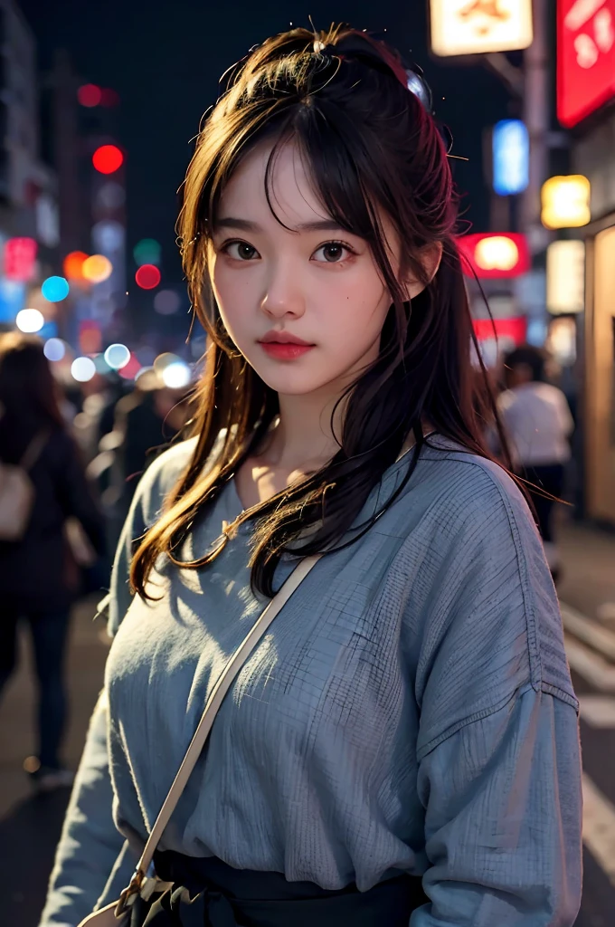 1girl, Tokyo street,night, cityscape,city lights, upper body,close-up, 8k, RAW photo, best quality, masterpiece,realistic, photo-realistic,