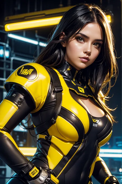 curvy robotic woman, wearing a yellow and black mechanized outfit, neon city background, portrait close-up view, white long hair