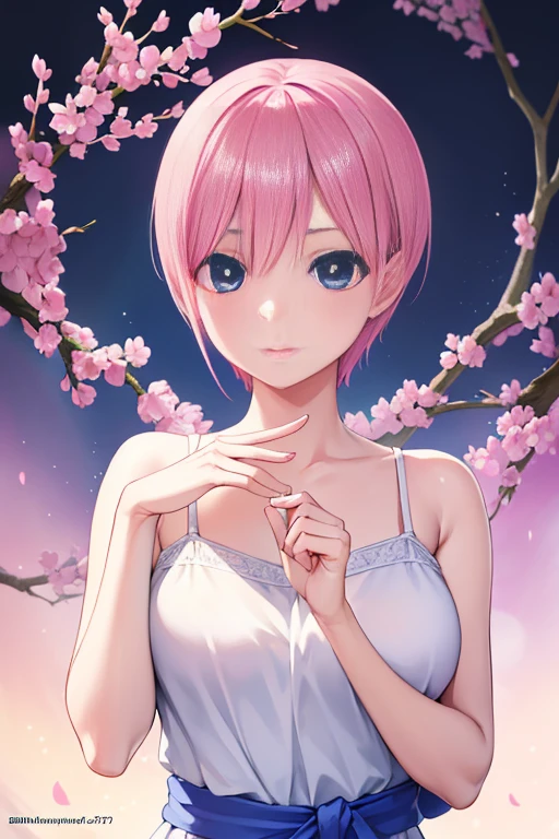 ichikanakano, ichika nakano, Short hair, bangs, Blue eyes, hair between eye, Pink hair,round earring in right ear，nightgown，肩からブランケット
BREAK looking at viewer, BREAK (masutepiece:1.2), Best Quality, High resolution, Unity 8k Wallpaper, (Illustration:0.8), (Beautiful detailed eyes:1.6), extra detailed face, Perfect Lighting, extremely details CG, (Perfect hands, Perfect Anatomy),