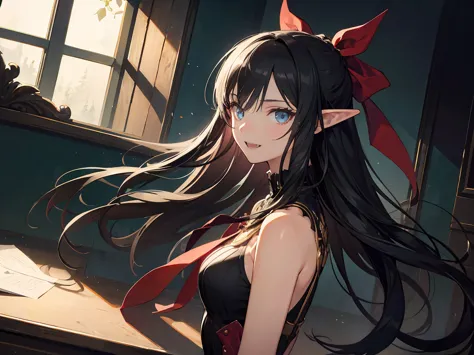 (black hair), long hair, hair blowing in the wind, hair ribbon, mismatched sclera, smile, baroque, chiaroscuro, masterpiece, acc...