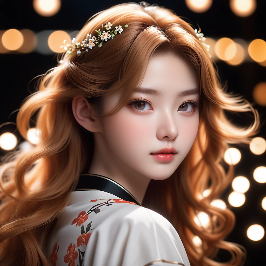 Meticulous, analog style, focus on the eyes, highest quality, (highly detailed skin), photo of very handsome pale skin Japane donghua girl, 21 years old, (caramel hair), perfect face, pore skin, (penetration:0.5), black background, (bokeh:0.6), sharp focus, grainy lighting, (backlight:0.7), film grain, photographed with Sony A7R IV camera, 18mm F/1.7 cine lens, (highly detailed, intricate detail), 8k, HDR, front view, (upper body: 0.9)