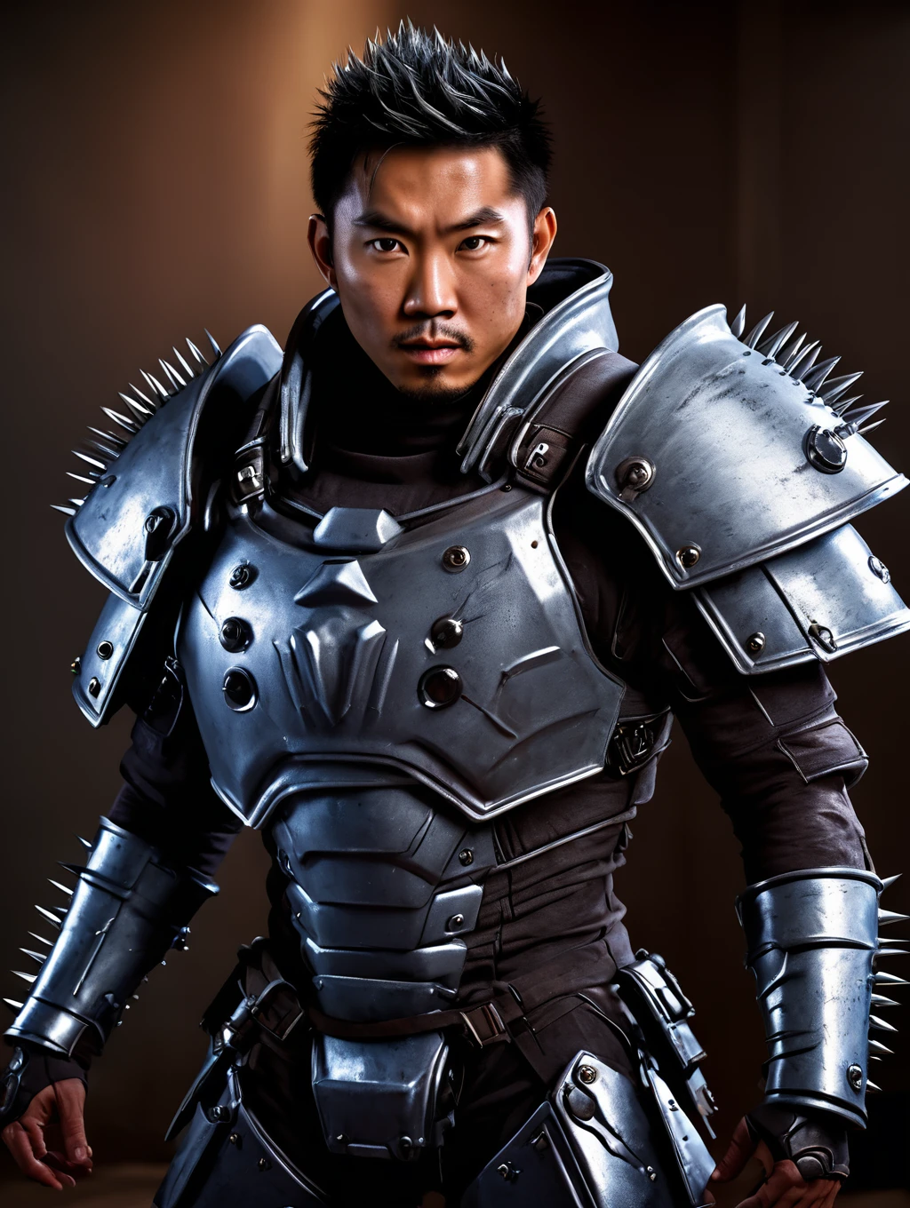 realistic, ((masterpiece)), ((best quality)), (detailed), cinematic, dynamic lighting, soft shadow, detailed background, professional photography, depth of field, intricate, detailed face, subsurface scattering, realistic hair, realistic eyes, muscular, manly, photo of a handsome asian man, spikyarmor, wearing spiky power armor, spikes, science fiction, fantasy, shiny reflective metal, dynamic pose, helmet, glowing, technology,