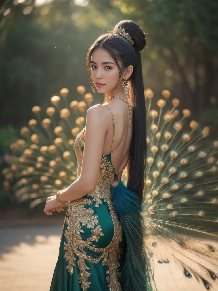 best quality, Masterpiece, height, 1 girl,Chinese dress,The dress is very short, showing off the beautiful proportions., decorationsผม,necklace, decorations,Beautiful face,when_body, Tyndall Effect,realistic, dark studio, Light around the wheel rim, Two tone light,(Highly detailed skin:1.2), 8K เอ่อ, dslr, soft light, High quality, Volumetric light, Straightforward, photograph, high resolution, 4K, 8K, Bokeh, black ponytail hair, Peacock, Peacock tail, Peacock spreads its tail 