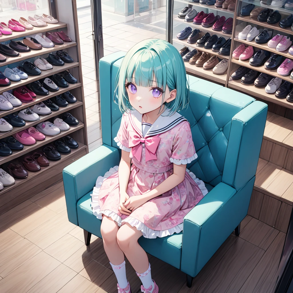 1 idol,solo,amazing quality, aesthetic,ultra-detailed face,detailed eyes,lash extension,13yo,aqua hair,short hair,straight hair,blunt bangs,Purple eyes,lash extension,tense,parted lips,(floral pattern dress,sailor collar lolita fashionin(pink:1.4),Short sleeves,bobby socks,mary Jane,Sitting on a aqua chair,rim right,From above,Close-up,indoors Shoe Store