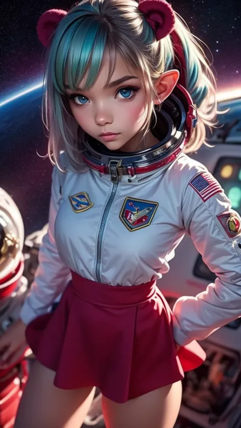 close-up photo of a young woman, cartoon girl in space suit with teddy bear, vertical anime skirt, astronaut girl image, molly a...