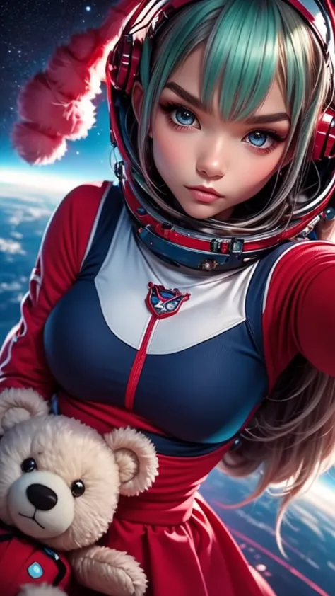 close-up photo of a young woman, cartoon girl in space suit with teddy bear, vertical anime skirt, astronaut girl image, molly a...