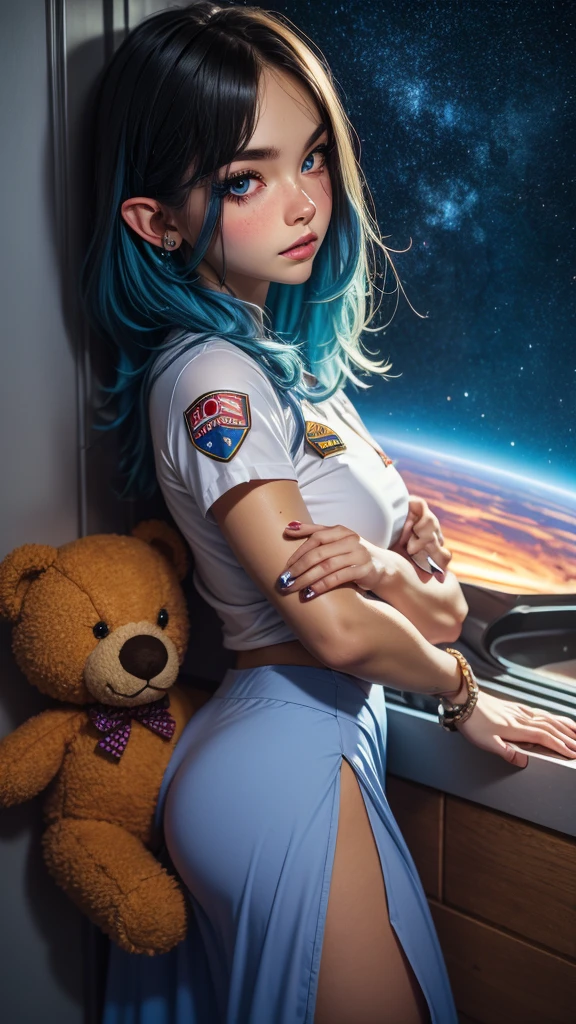 Close-up photo of a young woman, Cartoon girl in space suit with teddy bear, Vertical Anime Skirt, astronaut girl image, Molly Area, Star Guardian inspired, Short light blue hair, blue eyes, Elf race, 