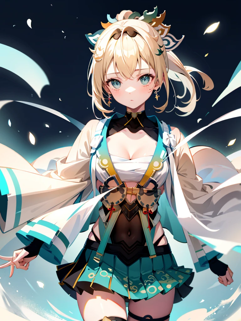 An absurd solution, High resolution, (masterpiece: 1.4), Very detailed, One girl, From above, space, floating, Iroha Base, hair ornaments, hair band, sarashi, Haori, Covered navel, Black gloves, Pleated skirt, Green Skirt, White knee socks, Cleavage