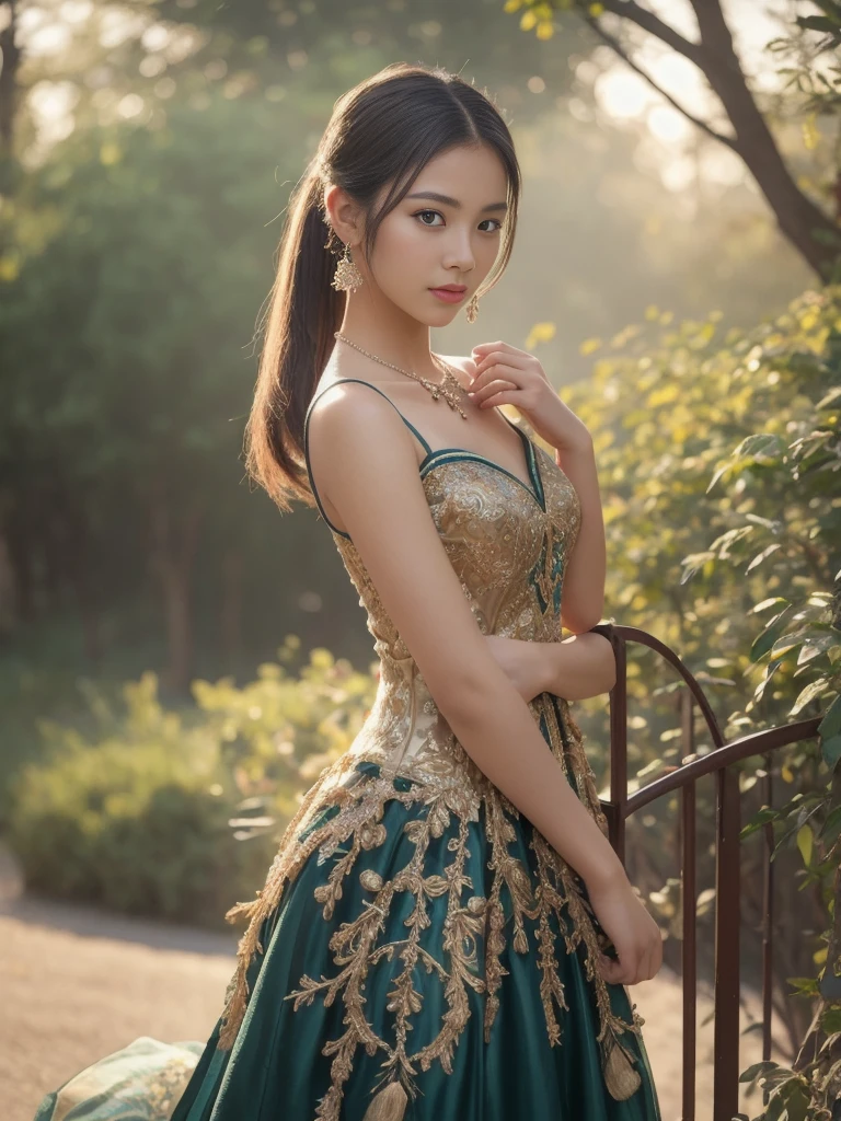 best quality, Masterpiece, height, 1 girl,Chinese dress,The dress is very short, showing off the beautiful proportions., decorationsผม,necklace, decorations,Beautiful face,when_body, Tyndall Effect,realistic, dark studio, Light around the wheel rim, Two tone light,(Highly detailed skin:1.2), 8K เอ่อ, dslr, soft light, High quality, Volumetric light, Straightforward, photograph, high resolution, 4K, 8K, Bokeh, black ponytail hair, she is Peacock spreads its tail 