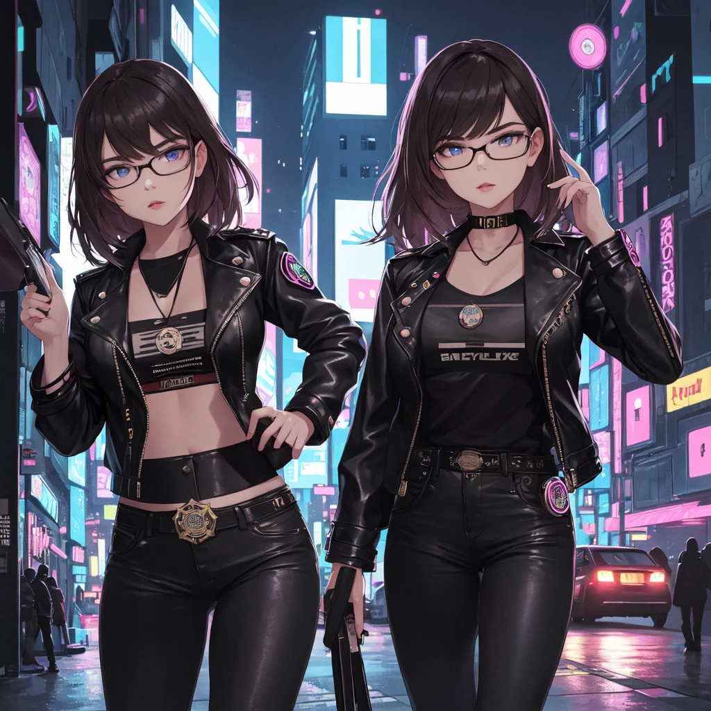 Portrait of emb-haiz, Pretty Face, Cyberpunk city by night. She was wearing a leather jacket,underwear,  Black jeans, Dramatic Lighting, (badge:1.2).