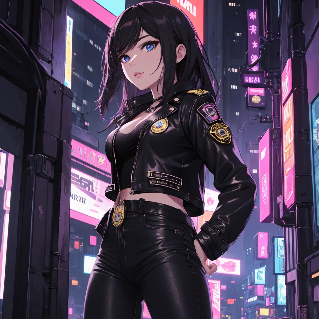 Portrait of emb-haiz, Pretty Face, Cyberpunk city by night. She was wearing a leather jacket,underwear,  Black jeans, Dramatic Lighting, (badge:1.2).