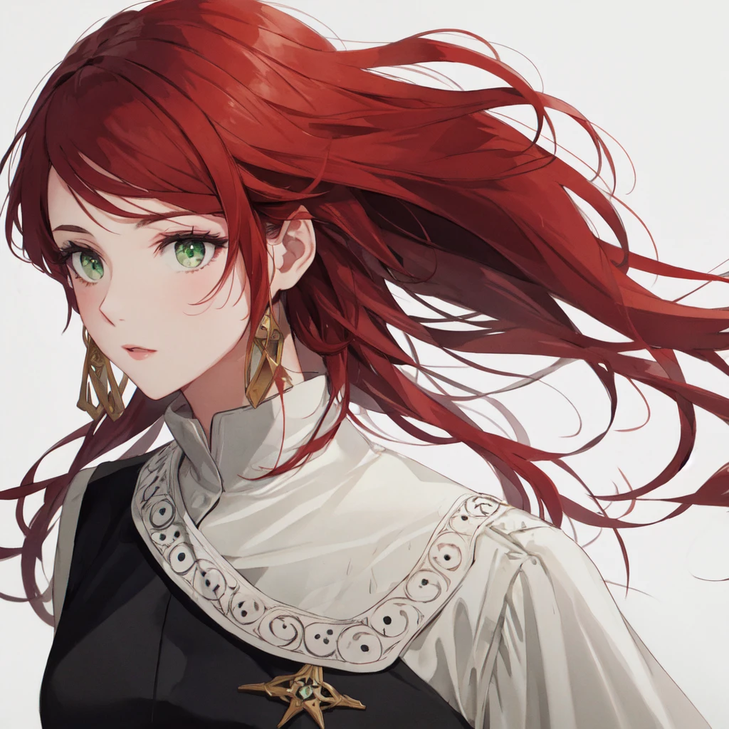 A black woman with red hair and light green eyes, Wear elegant  clothes, Contour Scattering，White background, Intricate details, Low profile, watercolor, splash