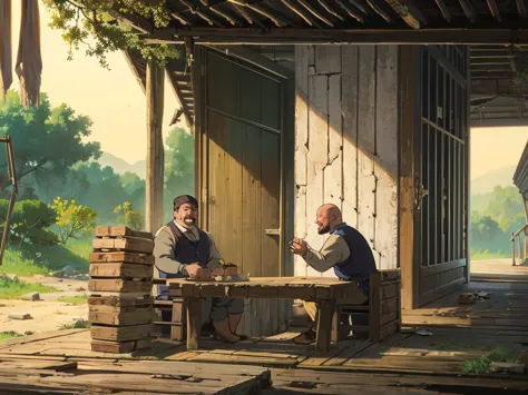 two stocky men smiling and cracking their fingers, wilderness, dilapidated equipment, dawn