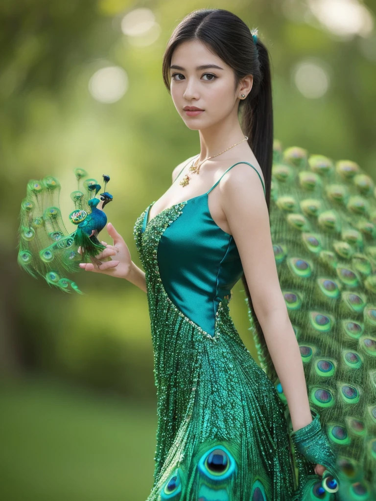 best quality, Masterpiece, height, 1 girl,Chinese dress,The dress is very short, showing off the beautiful proportions., decorationsผม,necklace, decorations,Beautiful face,when_body, Tyndall Effect,realistic, dark studio, Light around the wheel rim, Two tone light,(Highly detailed skin:1.2), 8K เอ่อ, dslr, soft light, High quality, Volumetric light, Straightforward, photograph, high resolution, 4K, 8K, Bokeh, black ponytail hair, Peacock, Peacock tail, Peacock spreads its tail 