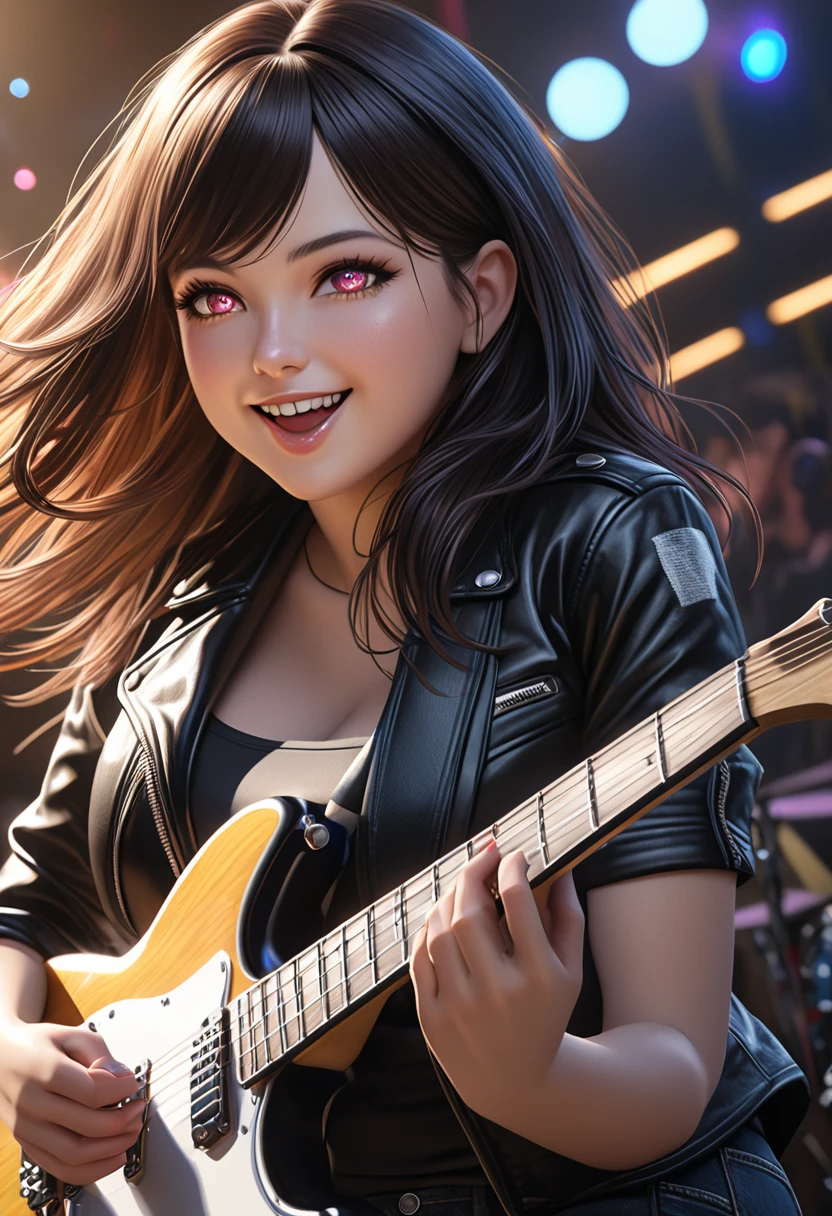 uma linda garota de anime detalhada, 1 garota, cabelos longos e escuros, Vestindo uma jaqueta de couro preta, shorts pretos curtos, seios grandes, rosto bonito, sorridente, feliz, parece um estudante do ensino médio, tocando uma guitarra elétrica, em uma banda de rock, (melhor qualidade,4K,8K,alta resolução,obra de arte:1.2),Ultra-detalhado,(realista,photorealista,photo-realista:1.37),detalhes intrincados,cores vibrantes,Iluminação dinâmica,ângulo dramático,olhos brilhantes,Rosto e características altamente detalhados,pele extremamente detalhada,mistura perfeita de elementos,fotografia profissional,iluminação cinematográfica,composição cinematográfica