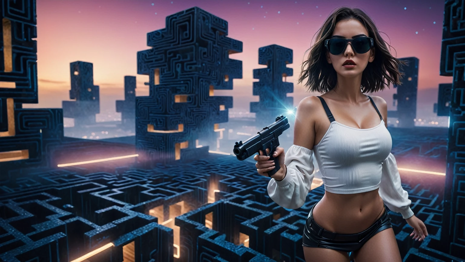 Aerial view. sci-fi outdoor maze background. Matrix style, at night, dark sky, (1girl, solo), photo realistic, large-breast:1.2 slim:0.9 body, cleavage:1.2, tube top, miniskirt, (matrix style black sunglasses), (holding a mini:1.1 pistol), half-body thigh level medium shot, cinematic lighting, ray tracing.