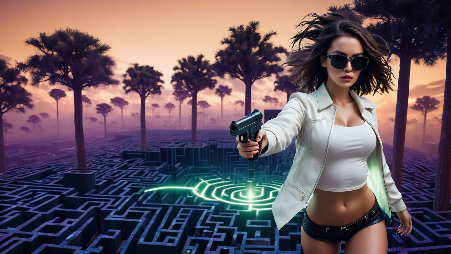 Aerial view. sci-fi outdoor maze background. Matrix style, at night, dark sky, (1girl, solo), photo realistic, large-breast:1.2 slim:0.9 body, cleavage:1.2, tube top, miniskirt, (matrix style black sunglasses), (holding a mini:1.1 pistol), half-body thigh level medium shot, cinematic lighting, ray tracing.