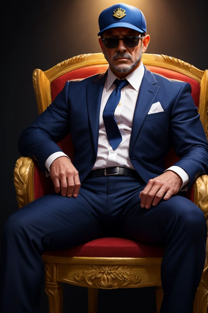 dictator,Drop Sunglasses,,Blue baseball hat,Black suit,Black tie,White shirt,Blue Dragon,Black Background,Spotlight,Sitting in a chair,front,whole body,Hands clasped