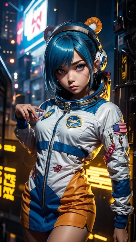 close-up photo of a young woman, cartoon girl in space suit with teddy bear, vertical anime skirt, astronaut girl image, molly a...