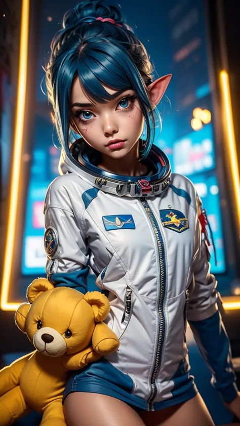 close-up photo of a young woman, cartoon girl in space suit with teddy bear, vertical anime skirt, astronaut girl image, molly a...