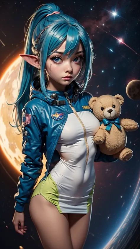 close-up photo of a young woman, cartoon girl in space suit with teddy bear, vertical anime skirt, astronaut girl image, molly a...