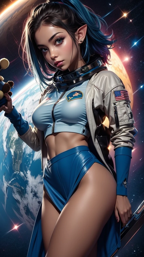 Close-up photo of a young woman, Cartoon girl in space suit with teddy bear, Vertical Anime Skirt, astronaut girl image, Molly Area, Star Guardian inspired, Short light blue hair, blue eyes, Elf race, 