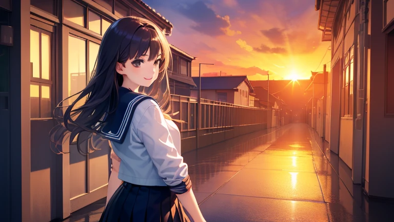 Long Hairで歩く女の子,Rear view,In heaven、In town、Sunset、Slope、(Highly detailed CG Unity 8K wallpapers, Highest quality, Very detailed, High resolution, masterpiece, Realistic, photoRealistic:1.5), (Cute Japanese Girl), Very detailed顔, Face Focus, Beautiful attention to detail, Eye focus, (Detailed Background), Detailed clothing, Very detailed肌, Japanese school girl uniform:1.5), (Sailor suit uniform:1.5),, (美しい港街のSlopeの背景:1.5), Long Hair, Black Hair, Mid-chest, Medium sized butt, (compensate), (Adorable smile:1.3), (throw:1.6),、Perfect body、1 female、From behind, Walk Away, sunset,