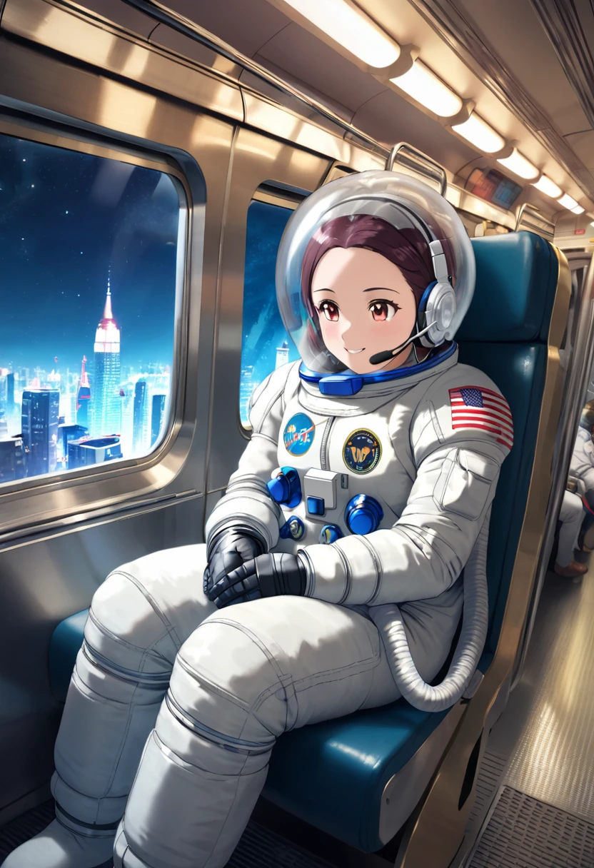 space helmet, (cinematic scene, sitting on a chair, train interior, , city view, night view: 1.5), space helmet, eva helmet, space suit, astronaut), smile bubble helmet, very detailed, speed helmet, bubble helmet, ,upper body, astronaut),eva helm, spacesuit , astronaut),girl, wearing a (spacesuit:1.15), white cargo pants, (headsets:1.5)