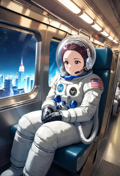 space helmet, (cinematic scene, sitting on a chair, train interior, , city view, night view: 1.5), space helmet, eva helmet, spa...