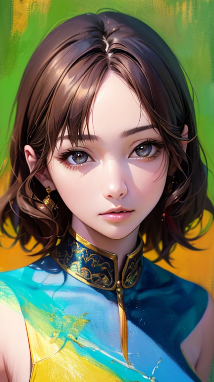 (Highest quality、8k、32K、masterpiece)、(Realistic)、(Realistic:1.2)、(High resolution)、Very detailed、Very beautiful face and eyes、1 girl、Round and small face、Tight waist、Delicate body、(close、Highest quality、Attention to detail、Rich skin detail)、(Highest quality、8k、Oil paints:1.2)、Very detailed、(Realistic、Realistic:1.37)、Bright colors