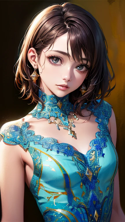 (Highest quality、8k、32K、masterpiece)、(Realistic)、(Realistic:1.2)、(High resolution)、Very detailed、Very beautiful face and eyes、1 girl、Round and small face、Tight waist、Delicate body、(close、Highest quality、Attention to detail、Rich skin detail)、(Highest quality、8k、Oil paints:1.2)、Very detailed、(Realistic、Realistic:1.37)、Bright colors