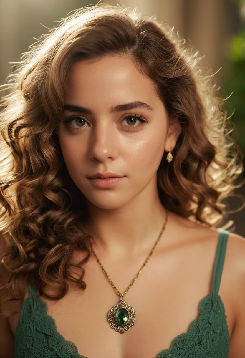 uma hermione granger, Kale, face detailed, detailedeyes, detailed lips, beautiful fur, long  curly hair, elegant facial features, graceful pose, soft lighting, Warm Color Palette, film composition, photorrealistic, 8k, high quality using fine chain necklace with small pendant