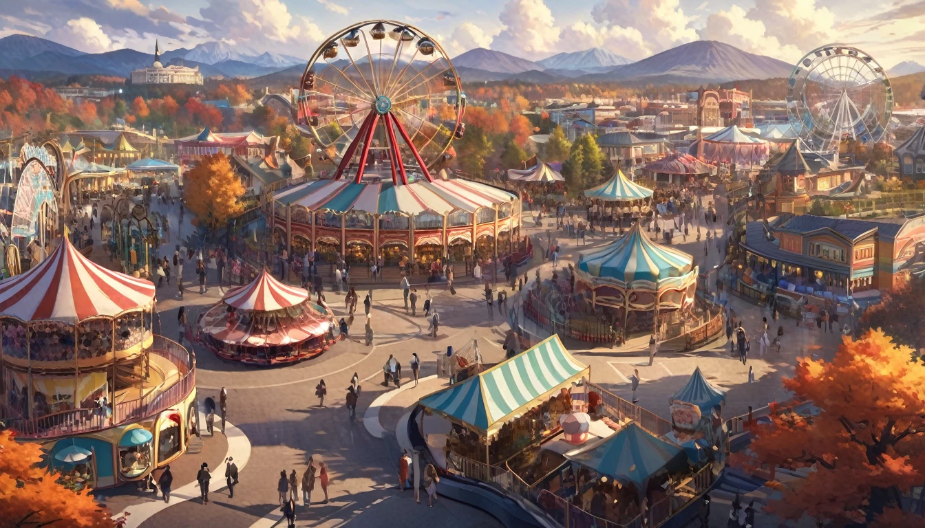 The scenery outside the window of the gondola at the top of the Ferris wheel, can see roller coasters, carousels, haunted teacups, and more, distant view, outside the amusement park is a residential area, mountains can be seen in the distance, amusement park,It is late autumn, Cloudy,