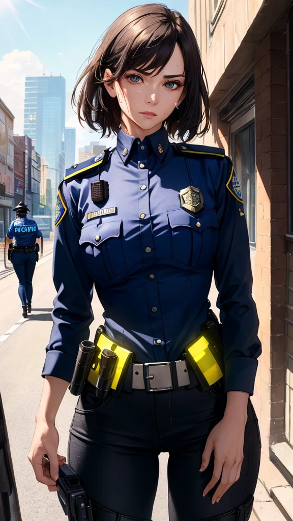 ((((masterpiece, best quality, high resolution)))), Extremely detailed 8K, 1 female, (Police Officer) wearing a cyberpunk police uniform and gear, (Ultra HD, Ultra-detailed, Highly detailed, Highly realistic, Ultra-realistic, photograph realistic), (1girl:1.5), (Realistic black hair), (dynamic poses), facing at camera, looking at viewer, (a serious focus face), (regular black eyes, sharp eyes), (perky breasts:1.2), (beautifully detailed face, beautiful detailed eyes), ((preparing for a police patrol)), (streets background), sweat, glow, (sunbeam, sunlight), ((cowboy shot)), seductive, EnvyBetterHands LoCon,