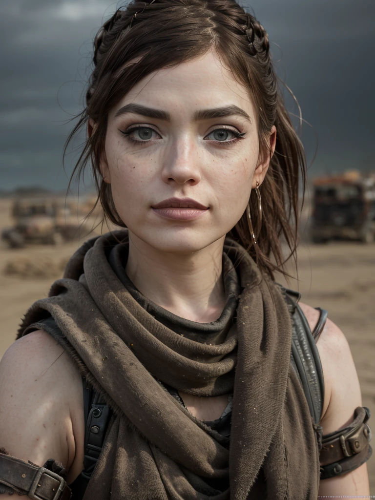 RAW Photo, professional color graded, BREAK portrait photograph of girl Natal13Mars, makeup, eyeliner, (wearing armor), ((mad max post apocalyptic background)), dusty, sharp focus, HDR, 8K resolution, intricate detail, sophisticated detail, depth of field, analogue RAW DSLR, photorealistic, looking at viewer, 