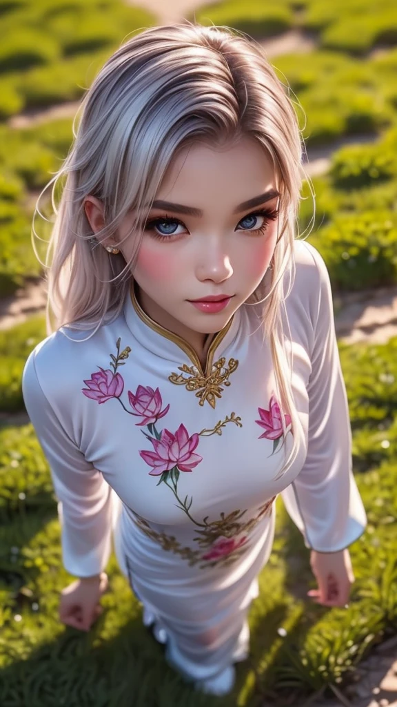 masutepiece, Best Quality, hight resolution,portlate, (((detail portrayal、8K resolution))), (((Beautiful face drawn in detail))),Full Body Angle,Smirking expression、独奏, bright light blue eyes, Beautiful silky silver hair、(((Beautiful ao dai:1.3、ao dai,Beautiful white ao dai)))、(((Captured from above、Subjects looking up)))、Plein Air、Lotus Lake