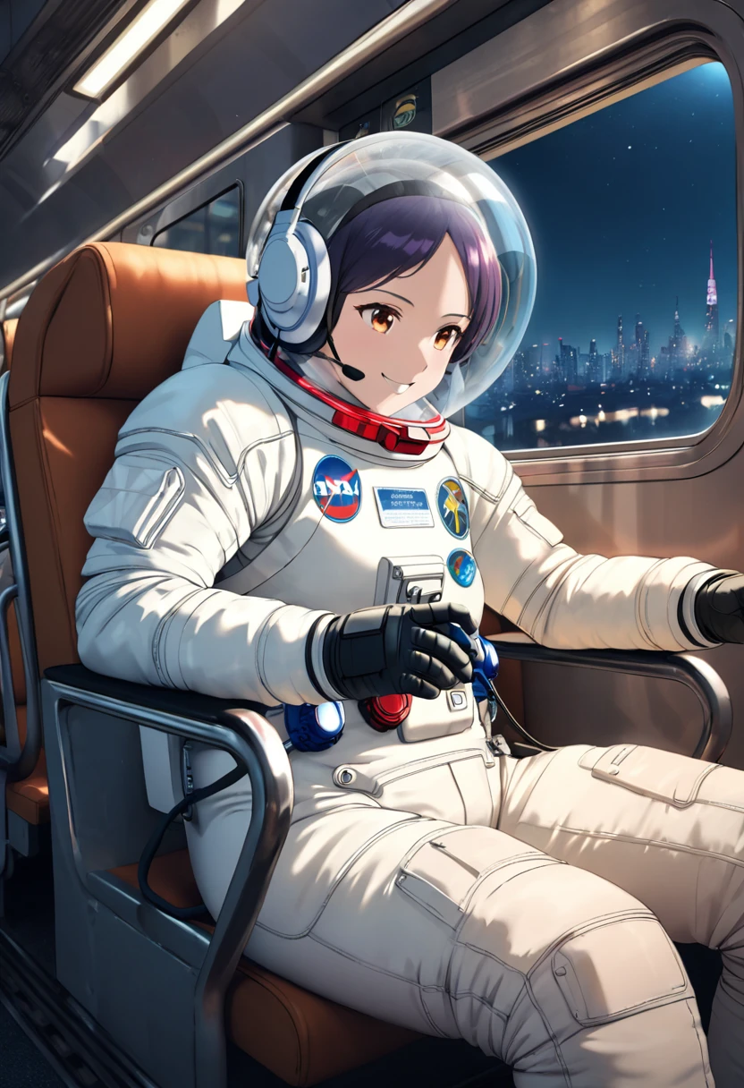 space helmet, (cinematic scene, sitting on a chair, train interior, , city view, night view: 1.5), space helmet, eva helmet, space suit, astronaut), smile bubble helmet, very detailed, speed helmet, bubble helmet, ,upper body, astronaut),eva helm, spacesuit , astronaut),girl, wearing a (spacesuit:1.15), white cargo pants, (headsets:1.5), from below