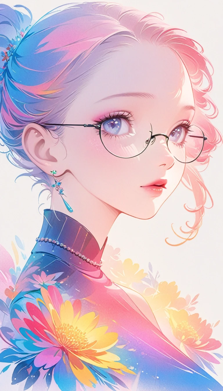 a closeup of a woman wearing glasses and a dress, in digital illustration style, just kidding, awesome digital illustration, bright digital painting, Beautiful UHD 4K art, digital art style, Exquisite digital illustration, epic portrait illustration, beautiful digital illustration, Digital painting style, colorful illustration, Vibrant digital painting, colorful digital painting, Stunning art style, procreate illustration,abstract art complementary colors fine details