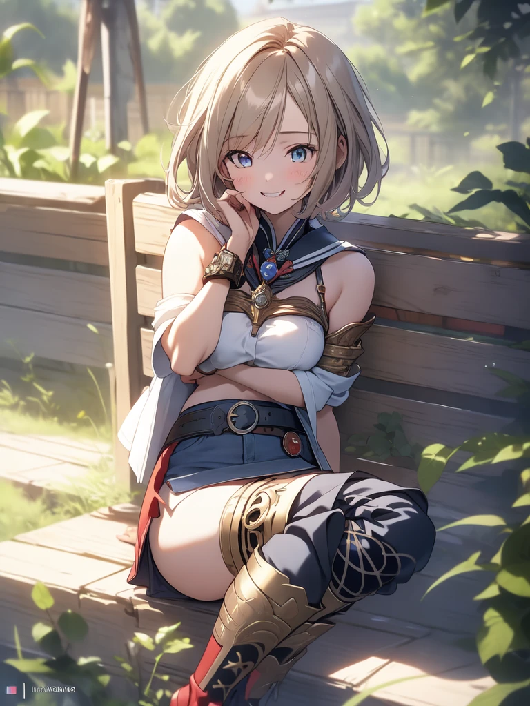 masterpiece, best quality, absurdres, perfect anatomy, (1girl, solo), Ashelia, short hair, AsheliaOutfit, miniskirt, thighhighs, jewelry, belt, standing, cowboy shot, smile, dynamic pose, dynamic angle, outdoors, plains, hills, (sitting, spreading legs by hands), spread crotch by hands, spread_pussy, (spreading pussy by hands)