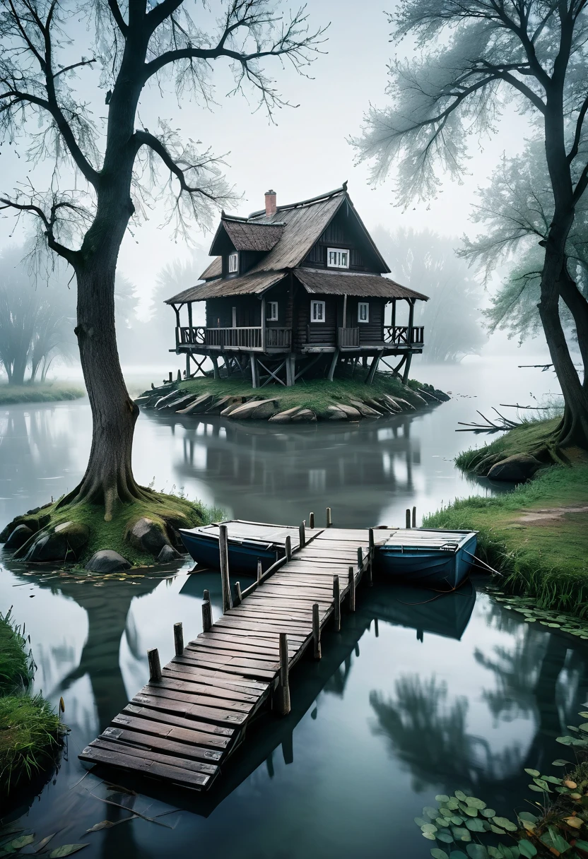 a wooden bridge that leads to a small island in the river. On the island stands a old house in slavic style, a couple of trees next to it, a half-submerged boat near the bridge. Fog rises around, a white haze around, like a veil separating from another world, style by Lovecraft, meticulous, intricate, entangled, intricately detailed