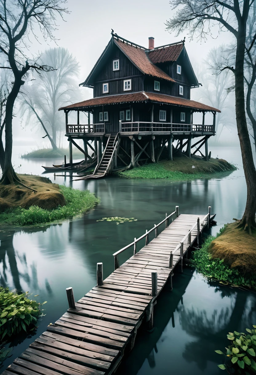 a wooden bridge that leads to a small island in the river. On the island stands a old house in slavic style, a couple of trees next to it, a half-submerged boat near the bridge. Fog rises around, a white haze around, like a veil separating from another world, style by Lovecraft, meticulous, intricate, entangled, intricately detailed