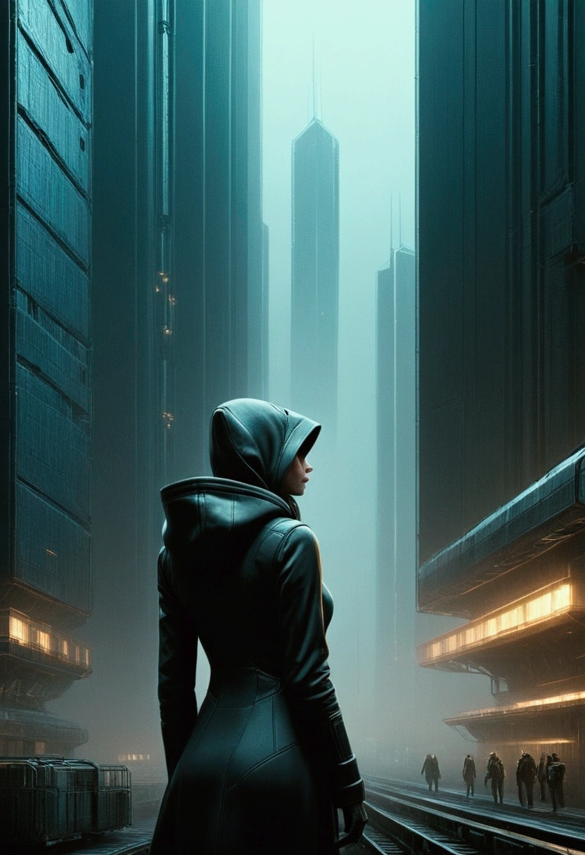 image taken from behind the shoulder of a woman from behind and DRESSED WITH A HOOD from the balcony of a futuristic building with, She is looking at an aerial view of an ultrafuturistic North American megalopolis, view of the whole city with many metallic buildings and houses in dark colors, from dark blue to black, the city has shades of metal gray, has smoky metal structures , industrial environment with smoke and fog around, dark cars on the streets, metal city, There are tracks and modern freight trains passing through the city streets, tall futuristic metal buildings, many ultramodern buildings around, as realistic as possible, as detailed as possible, Science fiction
